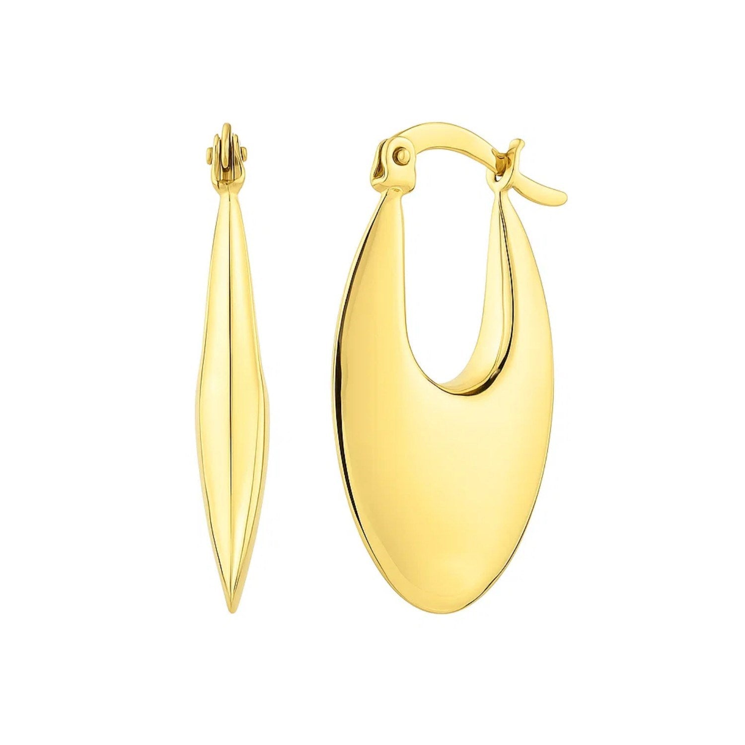 Creole Oval Hoop Earrings in 14K Yellow Gold in a sleek high-contrast midnight luxury editorial style